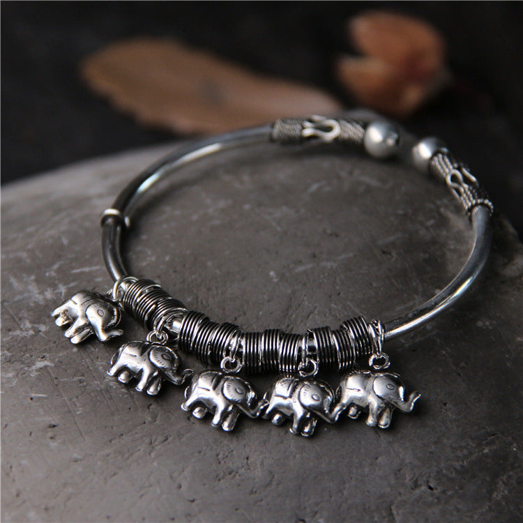 S925 sterling silver vintage handmade elephant open bracelet