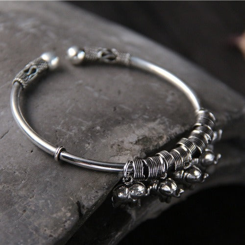 S925 sterling silver vintage handmade elephant open bracelet