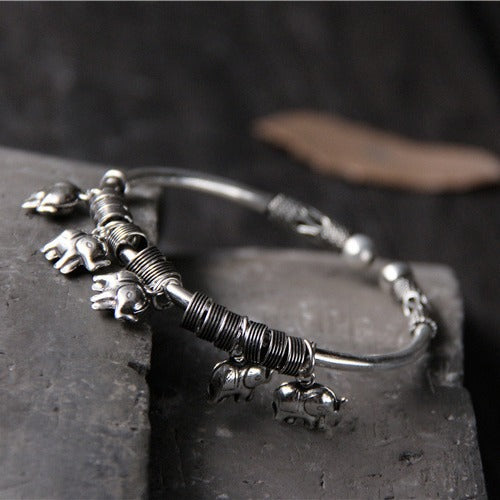S925 sterling silver vintage handmade elephant open bracelet