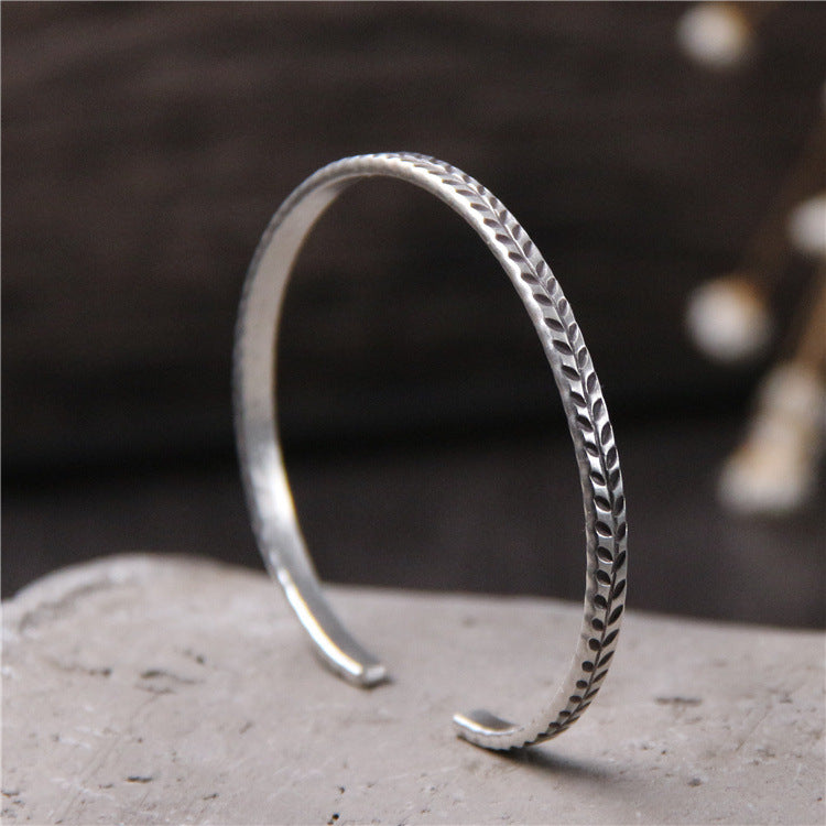 S925 sterling silver hand-carved leaf open wheat ear bracelet