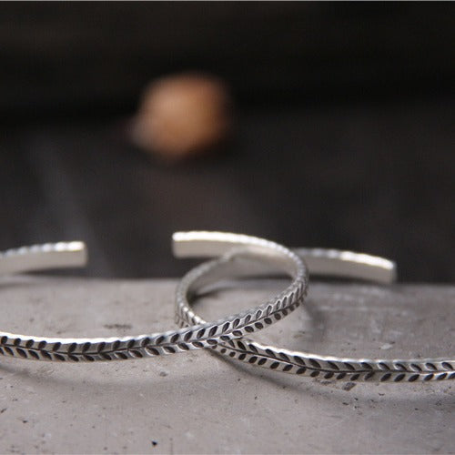 S925 sterling silver hand-carved leaf open wheat ear bracelet