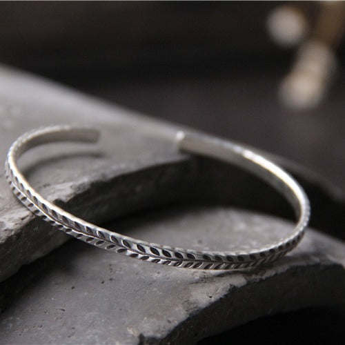 S925 sterling silver hand-carved leaf open wheat ear bracelet
