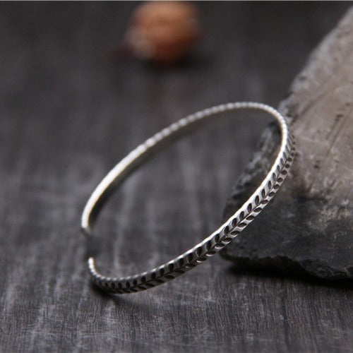 S925 sterling silver hand-carved leaf open wheat ear bracelet