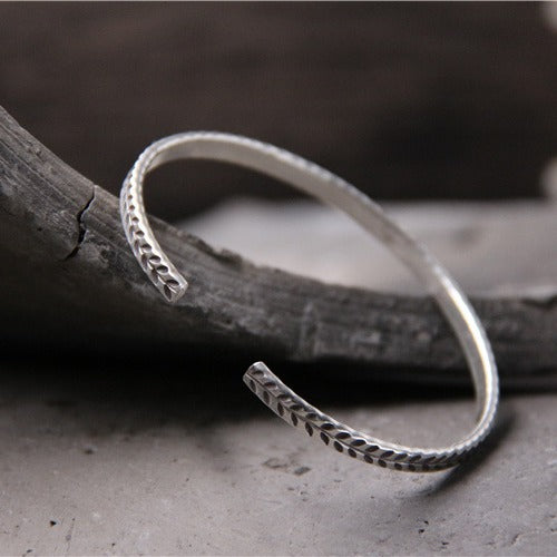 S925 sterling silver hand-carved leaf open wheat ear bracelet