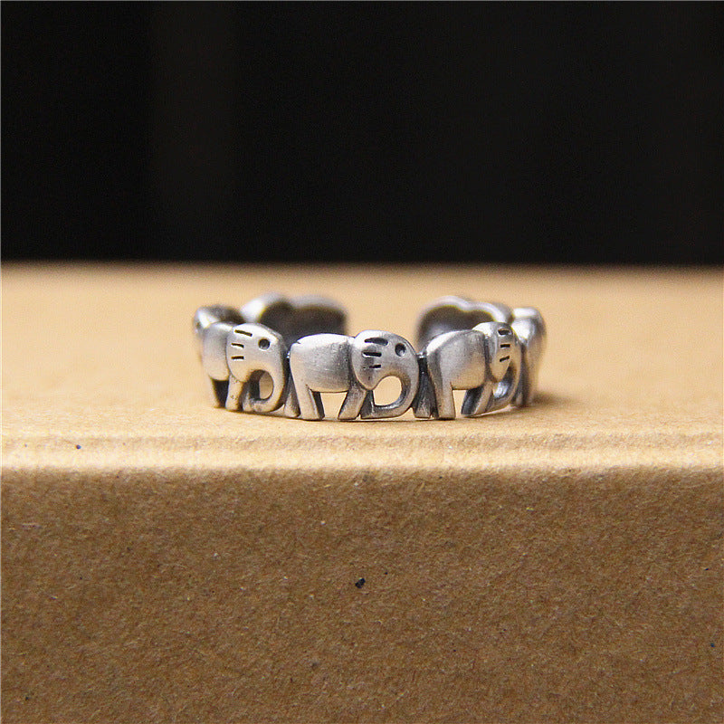 Vintage S925 Silver Adjustable Lucky Elephant Ring – Matte Finish