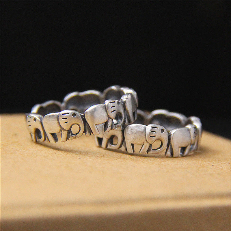 Vintage S925 Silver Adjustable Lucky Elephant Ring – Matte Finish