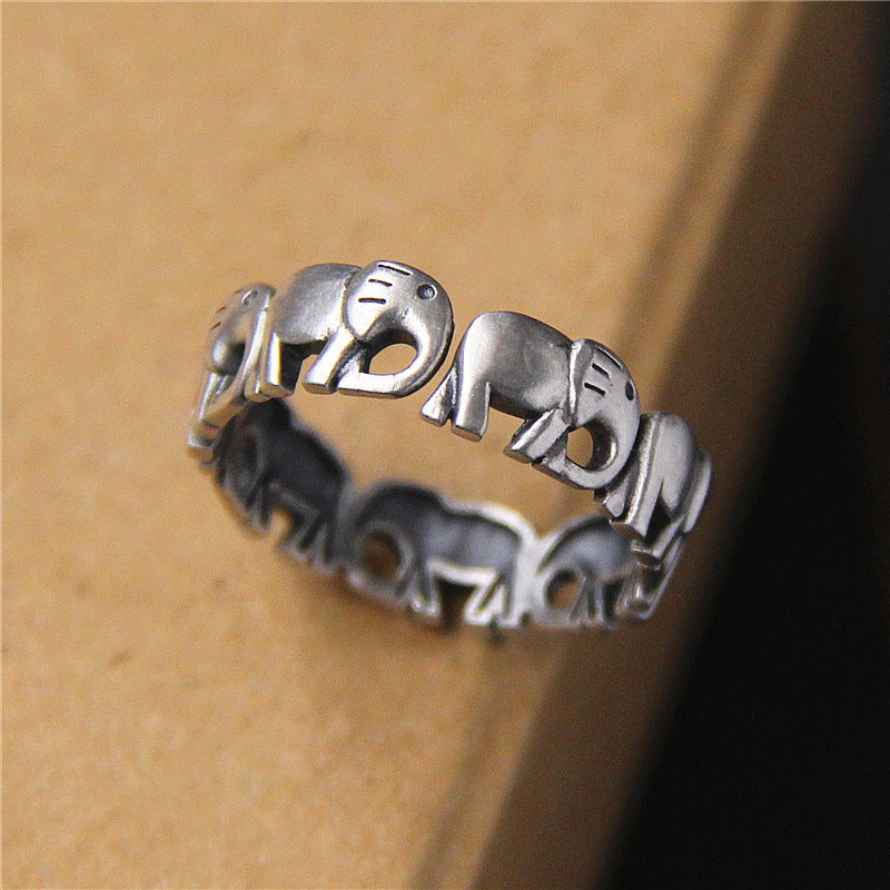 Vintage S925 Silver Adjustable Lucky Elephant Ring – Matte Finish