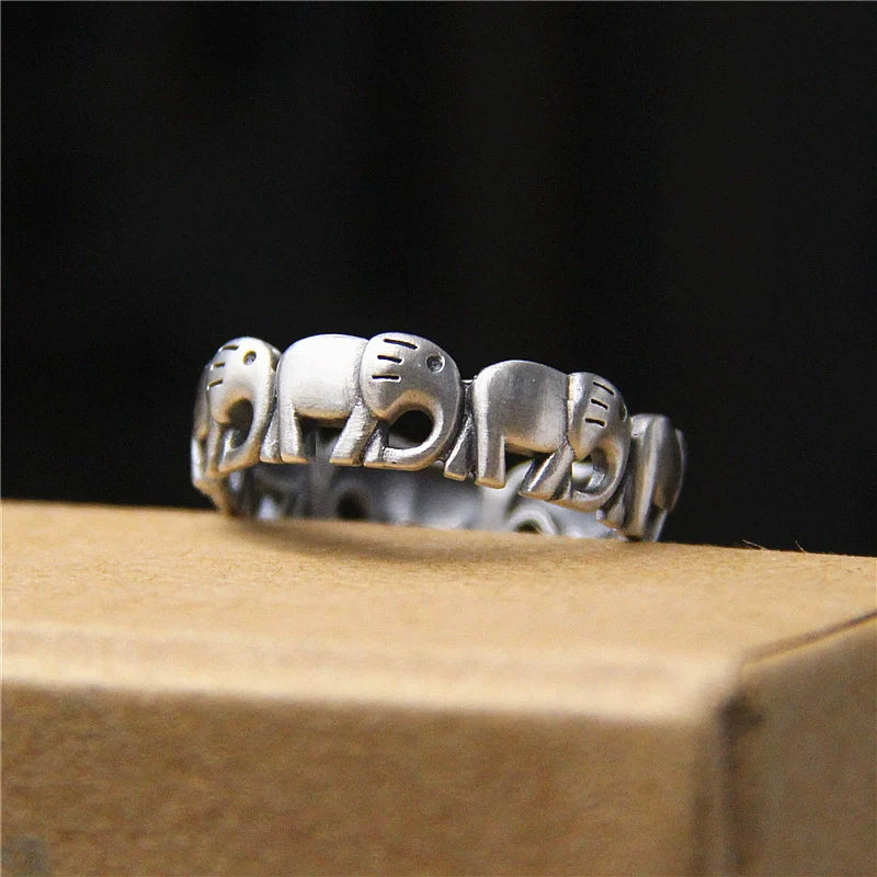 Vintage S925 Silver Adjustable Lucky Elephant Ring – Matte Finish