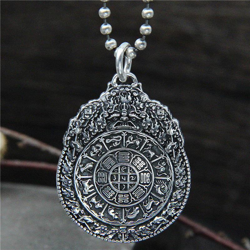 S925 sterling silver vajra pendant with twelve zodiac animals and eight trigrams
