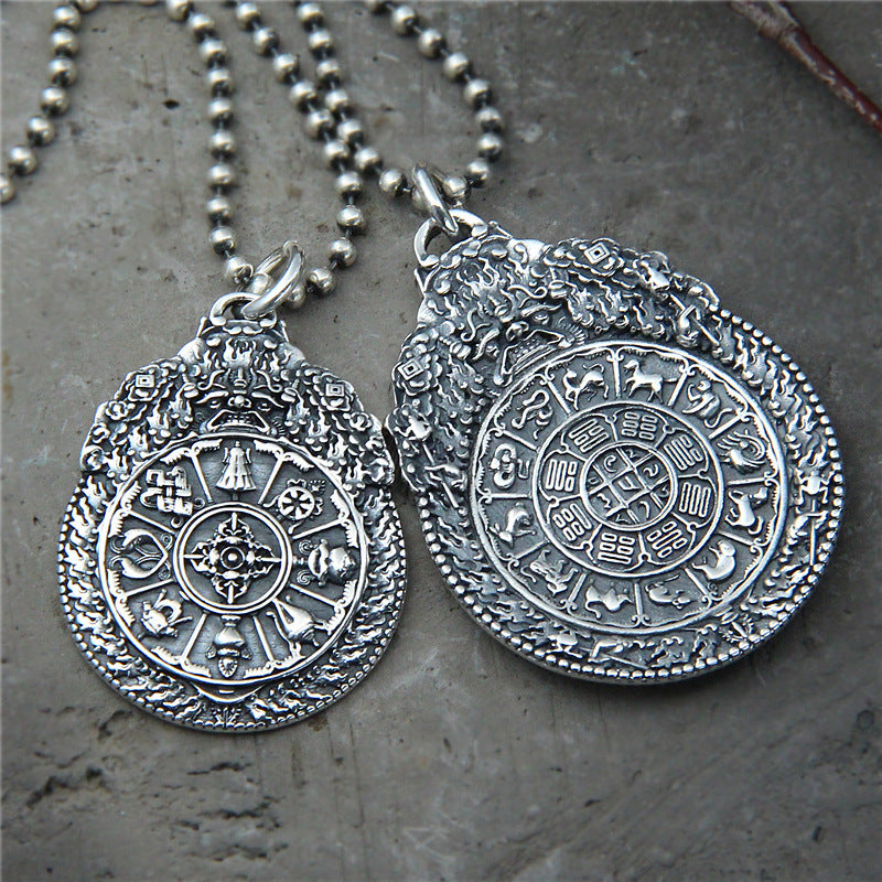 S925 sterling silver vajra pendant with twelve zodiac animals and eight trigrams