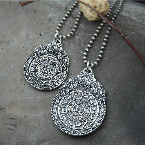 S925 sterling silver vajra pendant with twelve zodiac animals and eight trigrams
