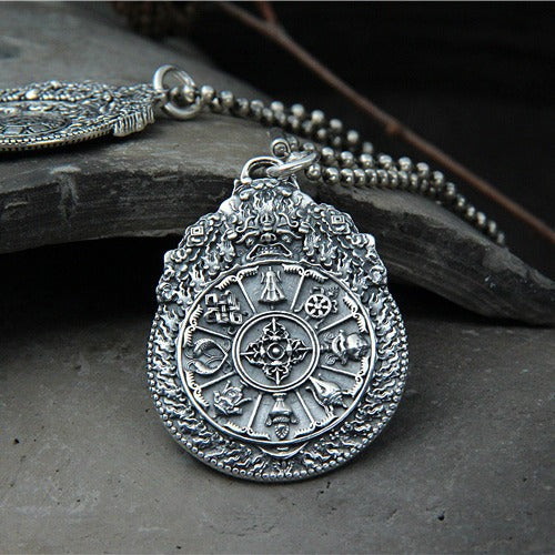 S925 sterling silver vajra pendant with twelve zodiac animals and eight trigrams
