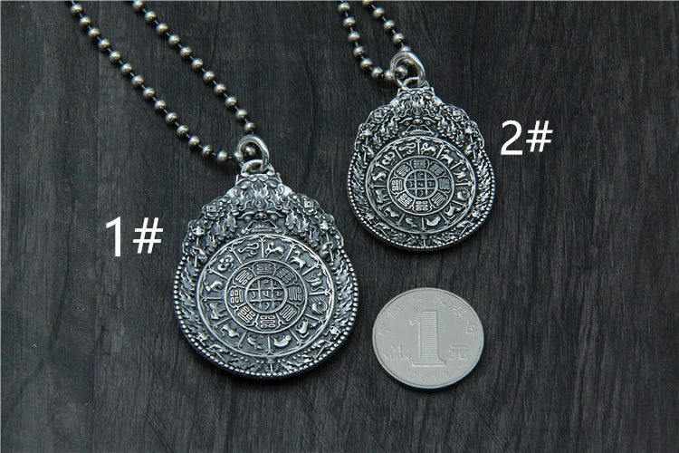 S925 sterling silver vajra pendant with twelve zodiac animals and eight trigrams