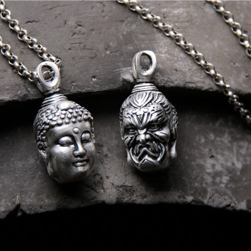S999 sterling silver necklace double-sided Buddha and devil switching pendant