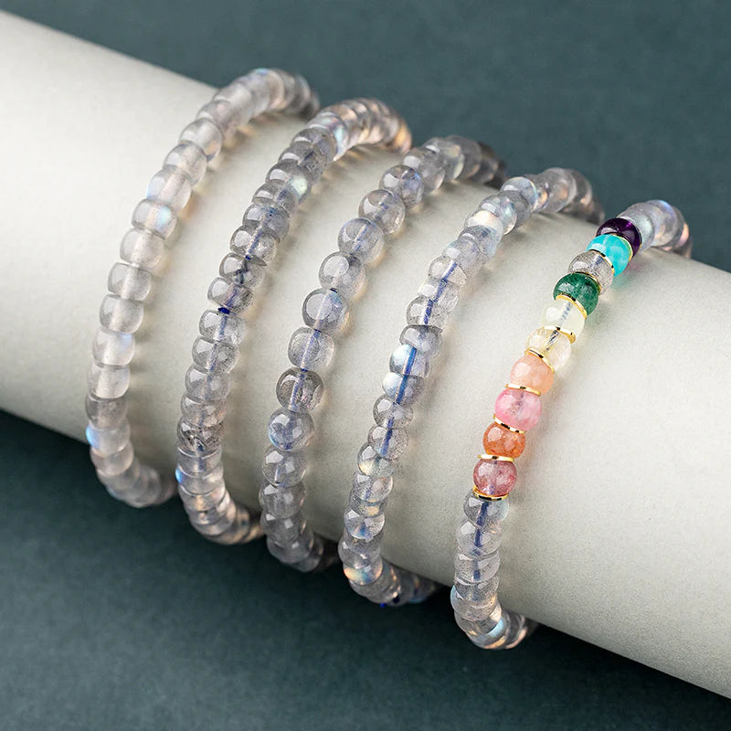 Natural Gray Moonstone Straight-cut Bracelet, Bucket Bead Diagonal-cut Bracelet for Women