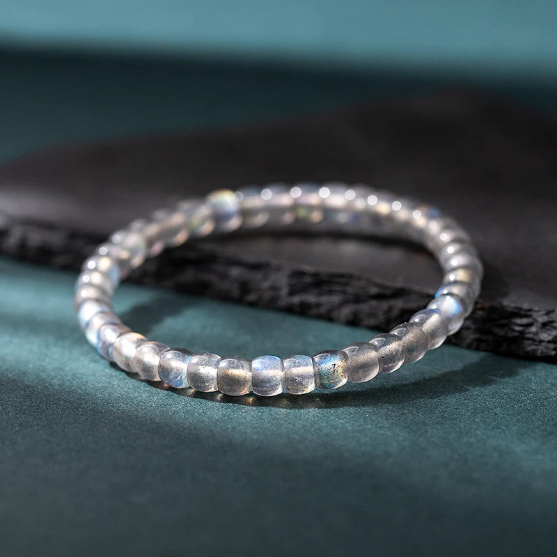 Natural Gray Moonstone Straight-cut Bracelet, Bucket Bead Diagonal-cut Bracelet for Women
