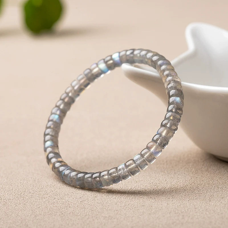 Natural Gray Moonstone Straight-cut Bracelet, Bucket Bead Diagonal-cut Bracelet for Women