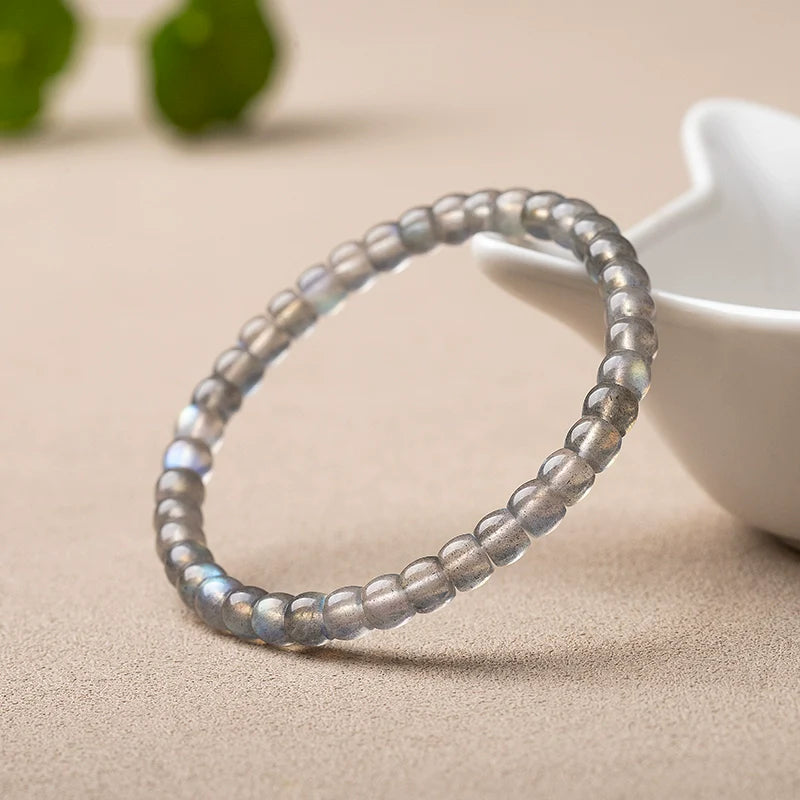 Natural Gray Moonstone Straight-cut Bracelet, Bucket Bead Diagonal-cut Bracelet for Women