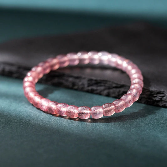Natural Strawberry Quartz Barrel Bead Bracelet - Transparent and Radiant Red