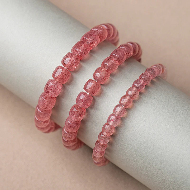 Natural Strawberry Quartz Barrel Bead Bracelet - Transparent and Radiant Red
