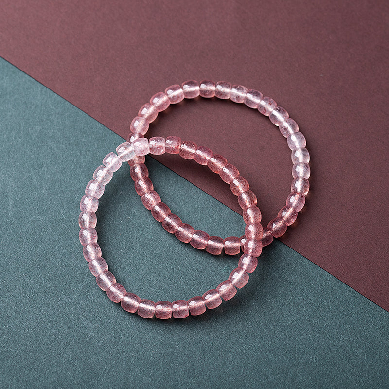 Natural Strawberry Quartz Barrel Bead Bracelet - Transparent and Radiant Red
