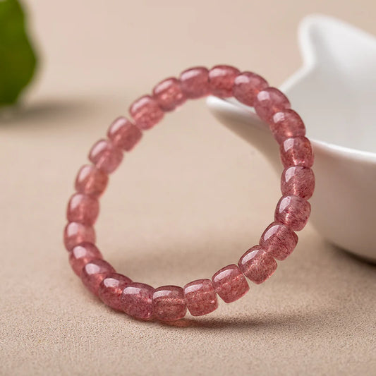 Natural Strawberry Quartz Barrel Bead Bracelet - Transparent and Radiant Red