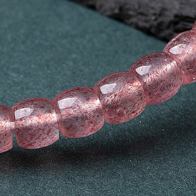 Natural Strawberry Quartz Barrel Bead Bracelet - Transparent and Radiant Red
