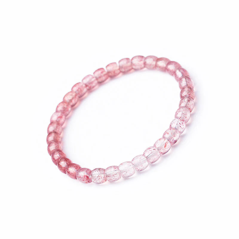 Natural Strawberry Quartz Barrel Bead Bracelet - Transparent and Radiant Red