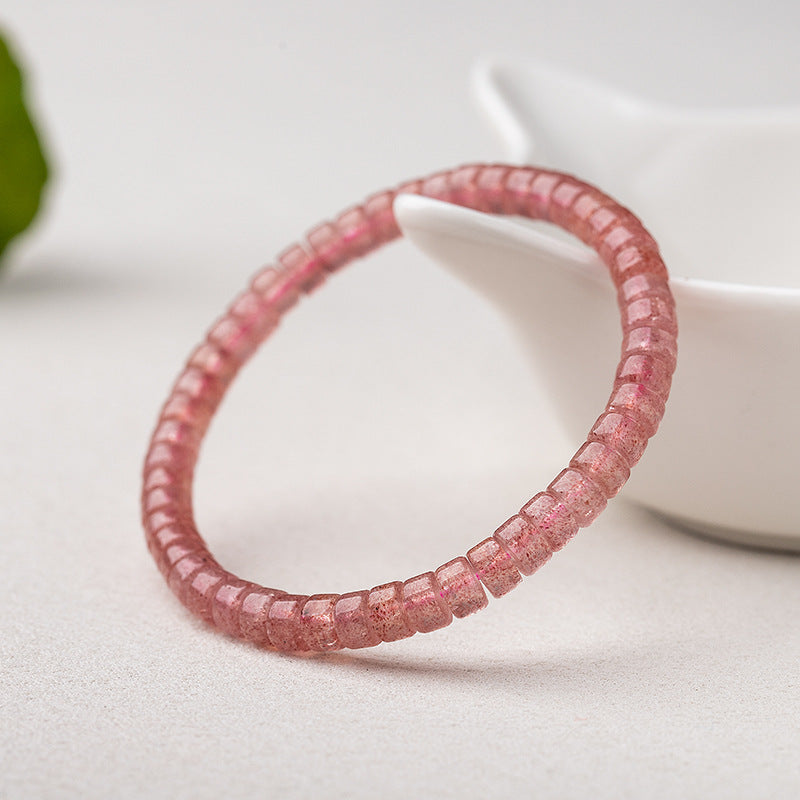 Natural Strawberry Quartz Barrel Bead Bracelet - Transparent and Radiant Red