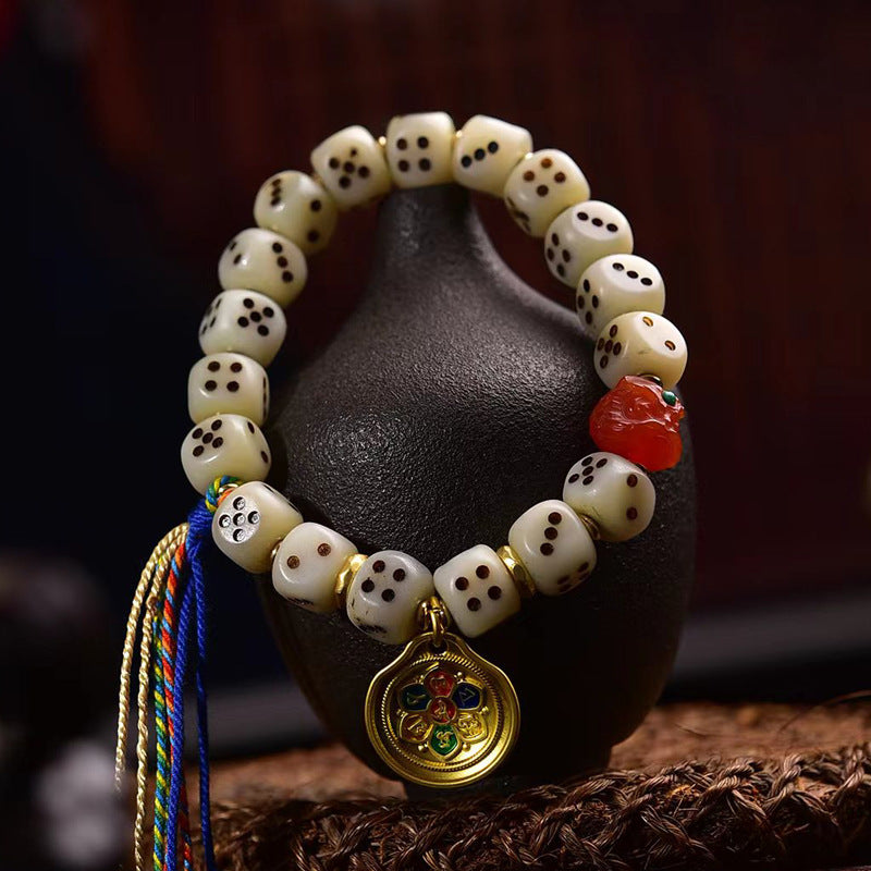 Natural Camel Bone Carved Dice Bracelet – Tibetan Style Vintage Unisex Bracelet