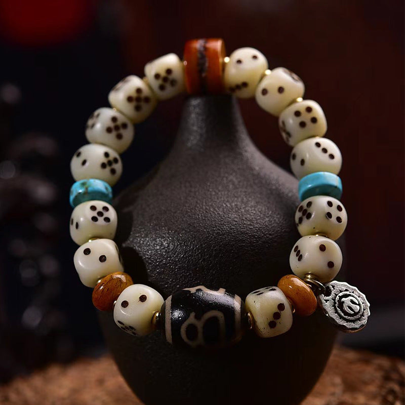 Natural Camel Bone Carved Dice Bracelet – Tibetan Style Vintage Unisex Bracelet
