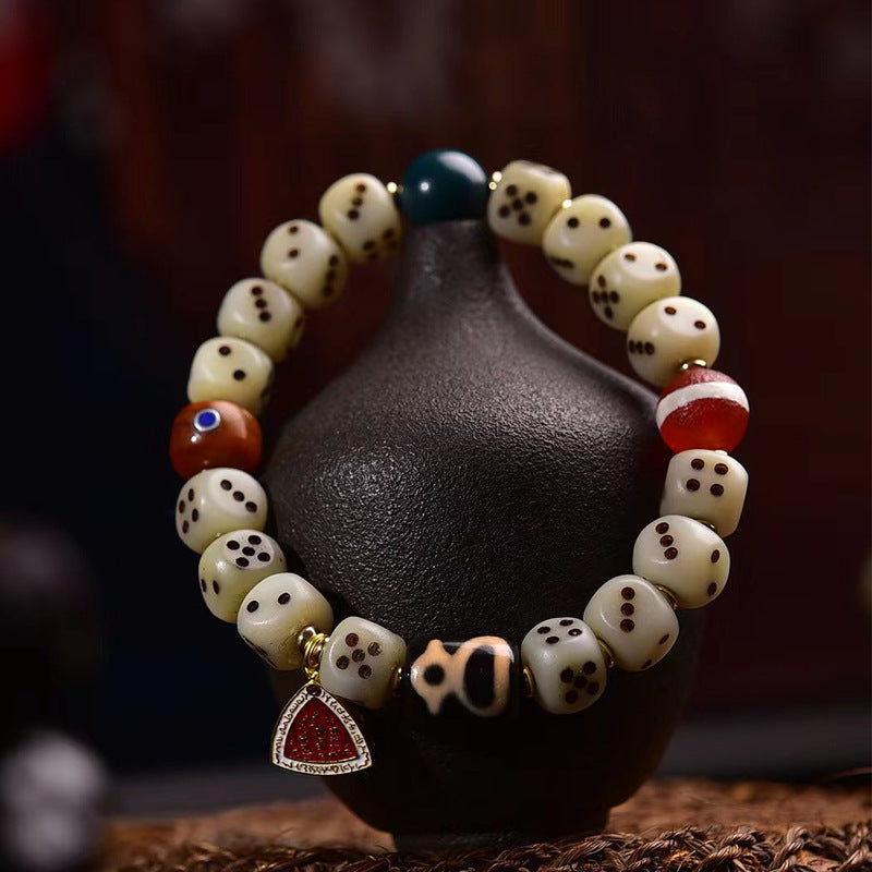 Natural Camel Bone Carved Dice Bracelet – Tibetan Style Vintage Unisex Bracelet