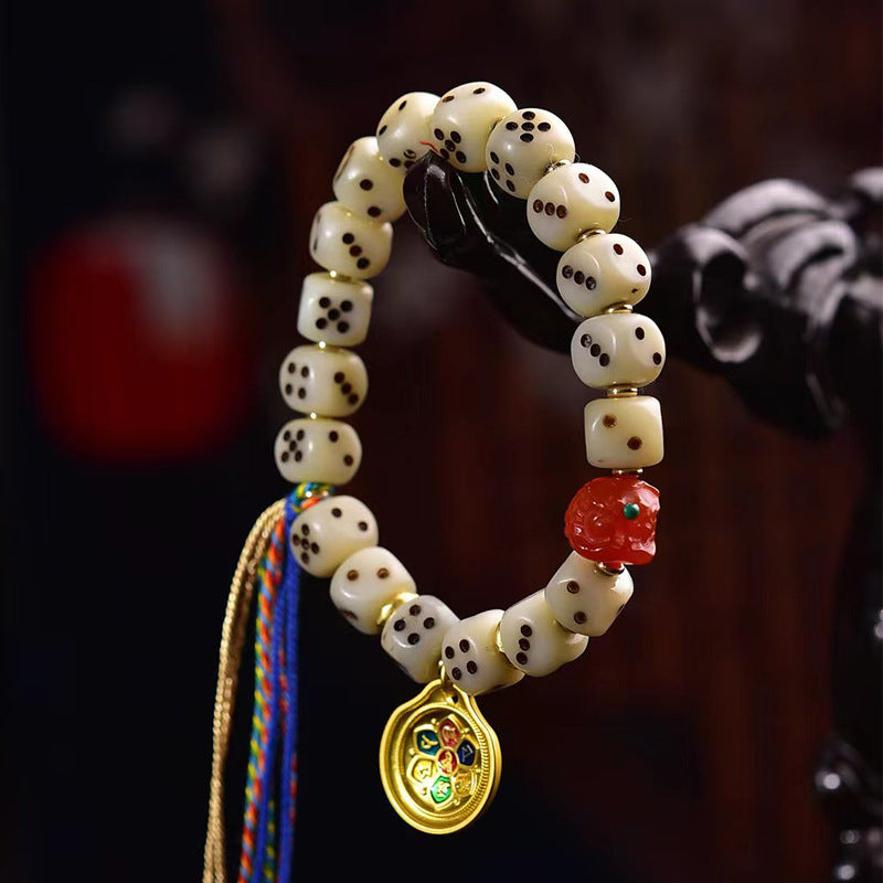 Natural Camel Bone Carved Dice Bracelet – Tibetan Style Vintage Unisex Bracelet
