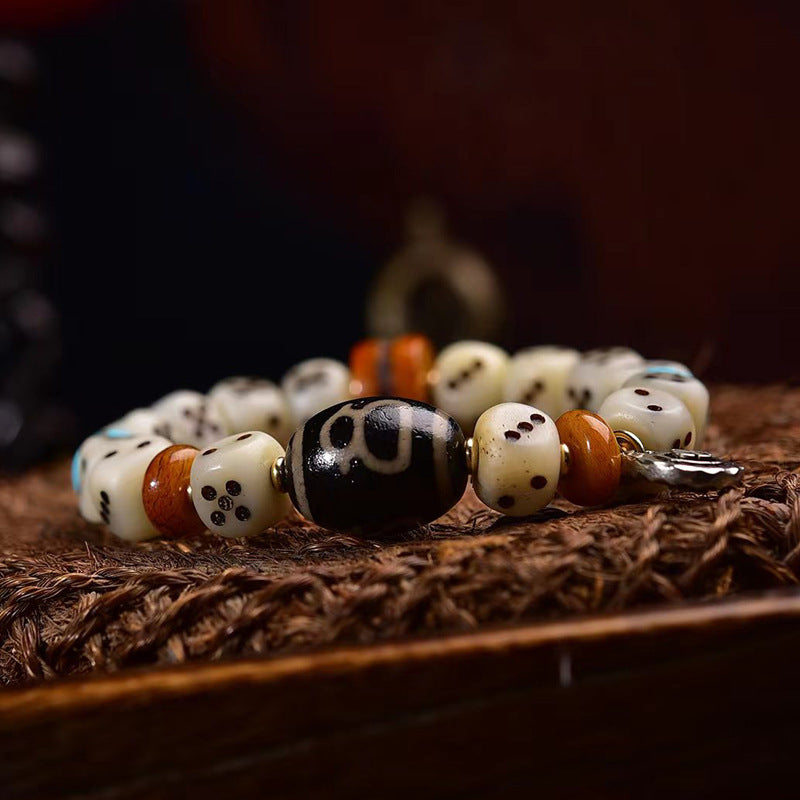 Natural Camel Bone Carved Dice Bracelet – Tibetan Style Vintage Unisex Bracelet