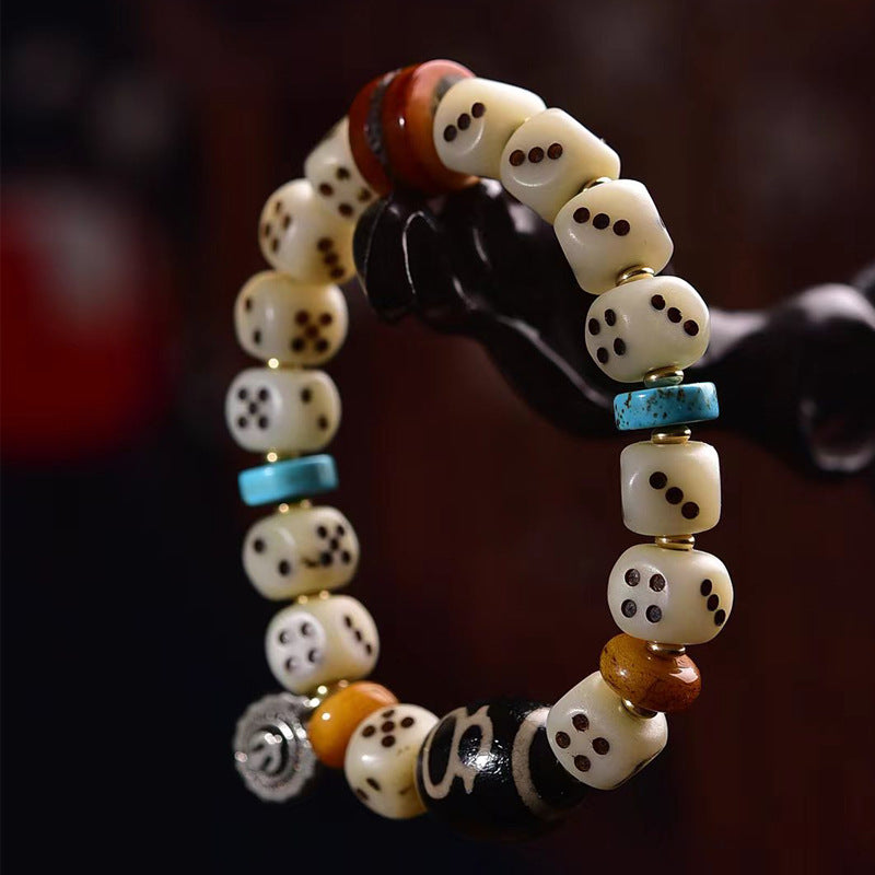 Natural Camel Bone Carved Dice Bracelet – Tibetan Style Vintage Unisex Bracelet