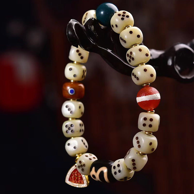 Natural Camel Bone Carved Dice Bracelet – Tibetan Style Vintage Unisex Bracelet