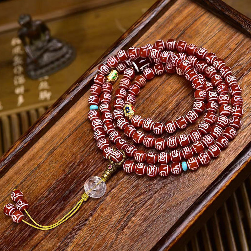 Natural agate dzi necklace, Buddhist beads, multi-circle bracelet, white crystal accessories