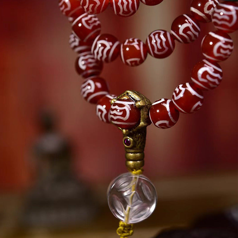 Natural agate dzi necklace, Buddhist beads, multi-circle bracelet, white crystal accessories