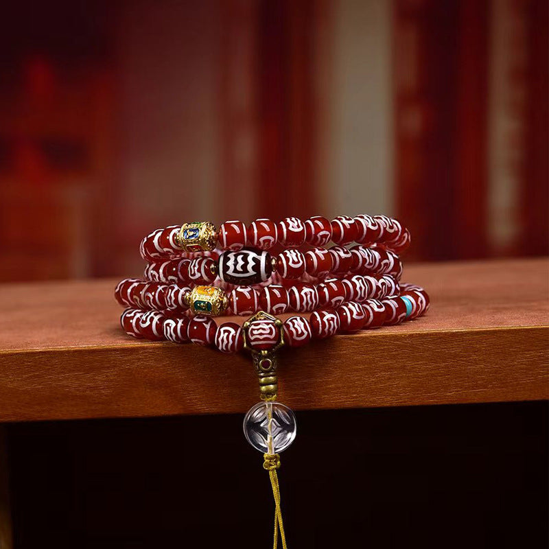 Natural agate dzi necklace, Buddhist beads, multi-circle bracelet, white crystal accessories