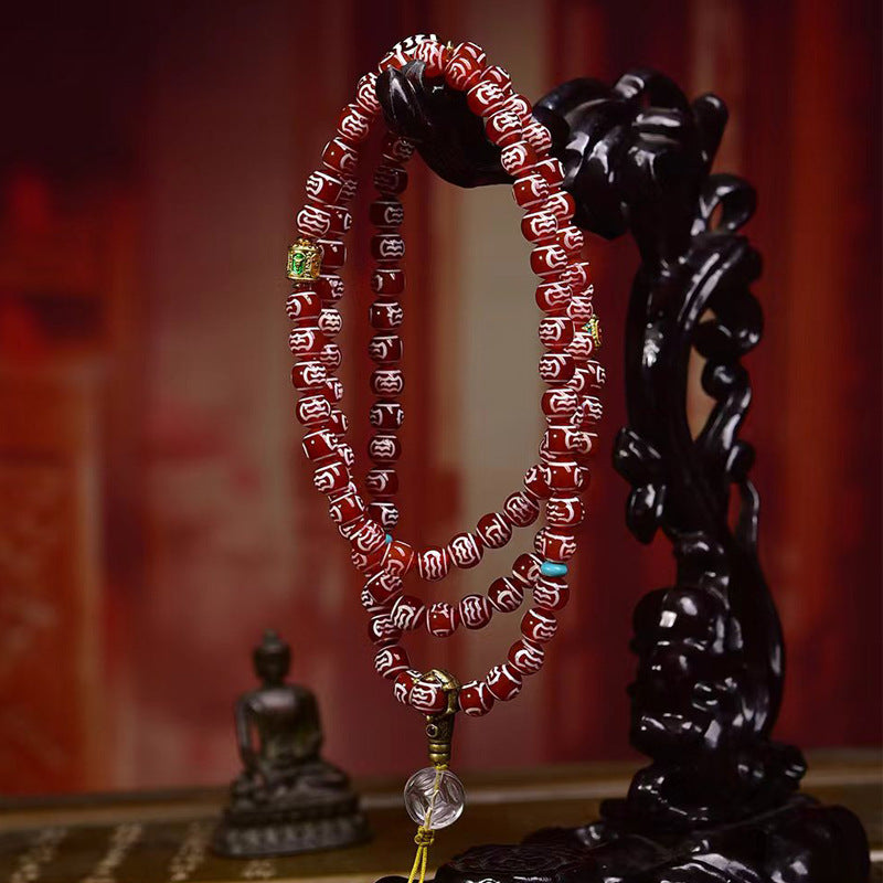 Natural agate dzi necklace, Buddhist beads, multi-circle bracelet, white crystal accessories