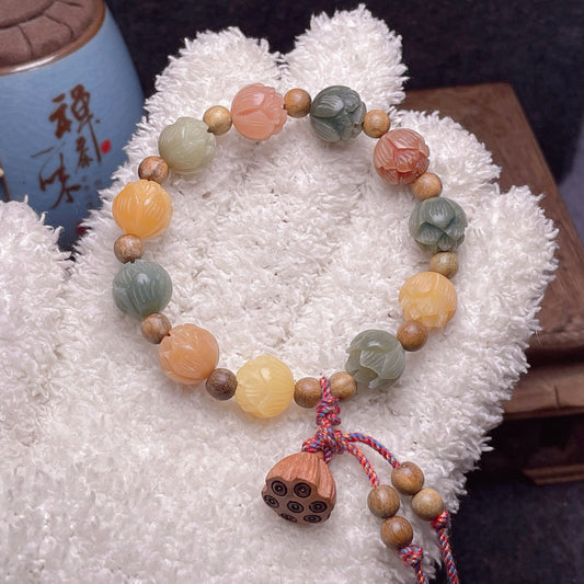 Colorful Lotus Bodhi Root Bracelet White Jade Bodhi 12-13mm