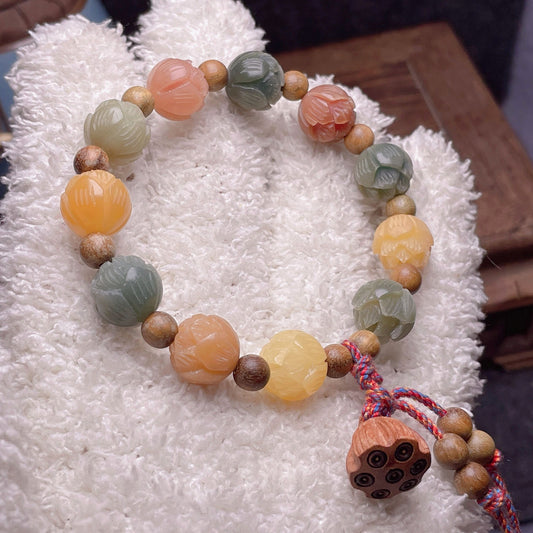 Colorful Lotus Bodhi Root Bracelet White Jade Bodhi 12-13mm
