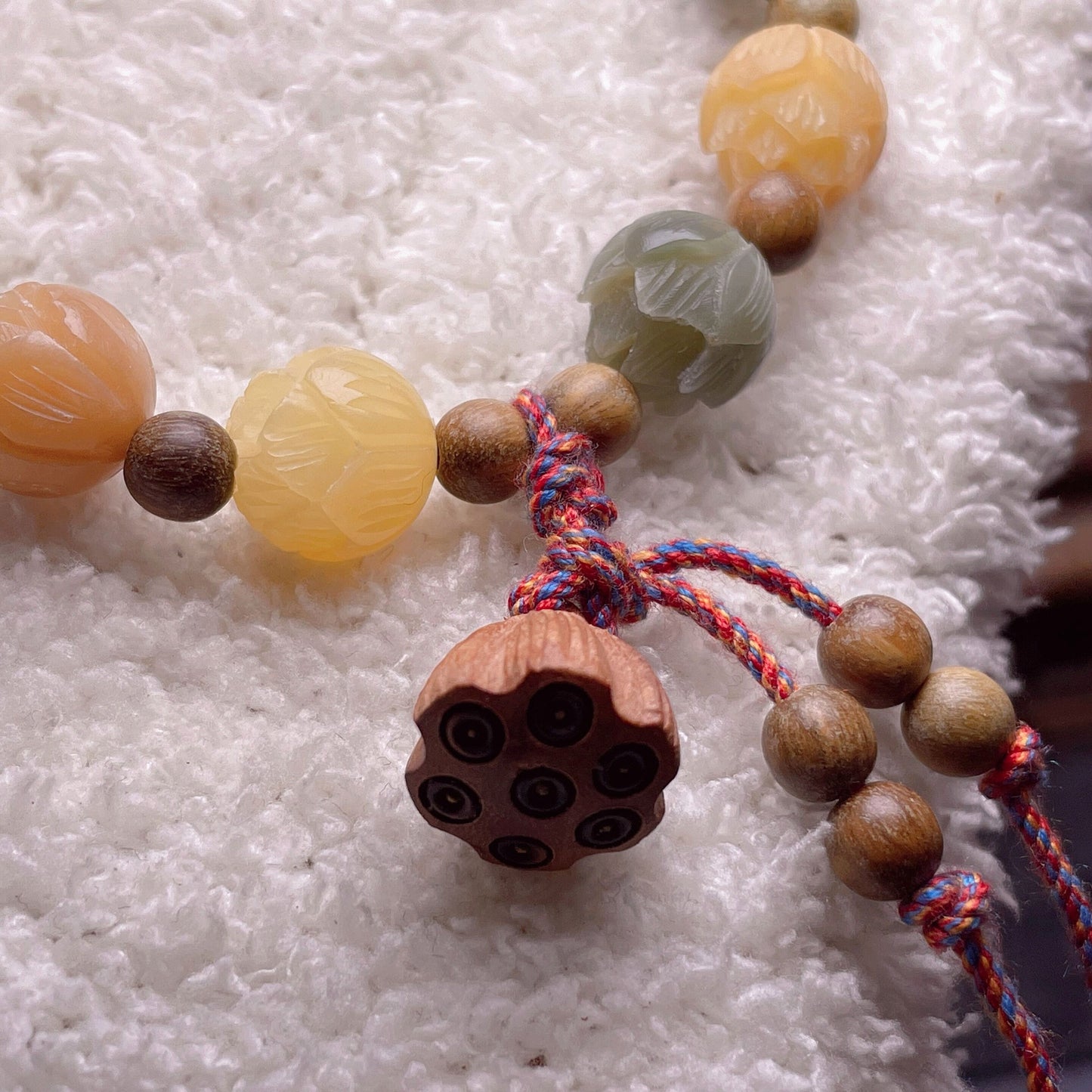Colorful Lotus Bodhi Root Bracelet White Jade Bodhi 12-13mm