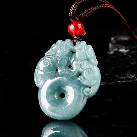 Natural Grade A Jade Blue Water Double Pixiu Peace Buckle Pendant Icy Jade