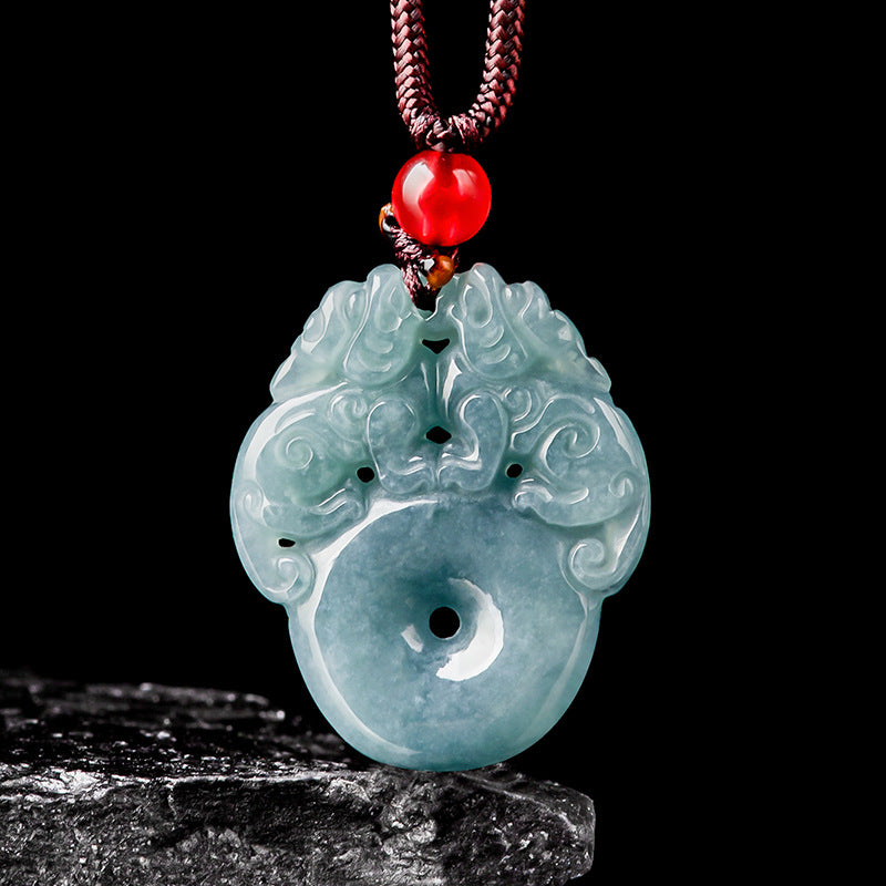 Natural Grade A Jade Blue Water Double Pixiu Peace Buckle Pendant Icy Jade