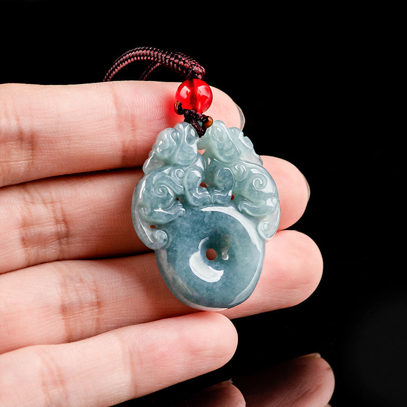 Natural Grade A Jade Blue Water Double Pixiu Peace Buckle Pendant Icy Jade