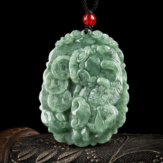 Natural A-Grade Jadeite Three Gold Coin Pixiu Pendant and Icy Jade Necklace