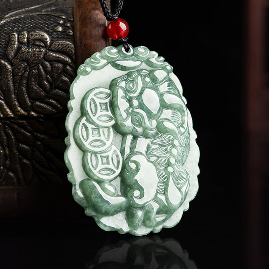 Natural A-Grade Jadeite Three Gold Coin Pixiu Pendant and Icy Jade Necklace