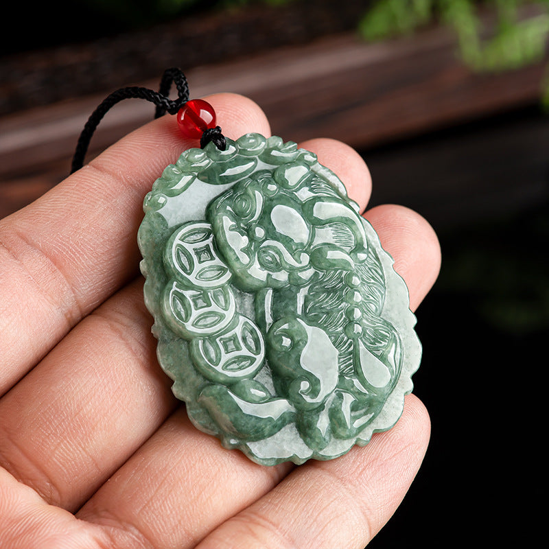 Natural A-Grade Jadeite Three Gold Coin Pixiu Pendant and Icy Jade Necklace