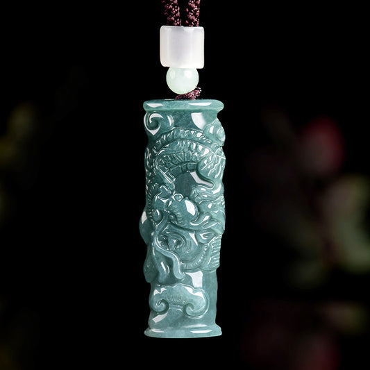 Natural Grade A Jadeite Blue Water Dragon Pillar Pendant – A Symbol of Tranquility&Strength&Protection